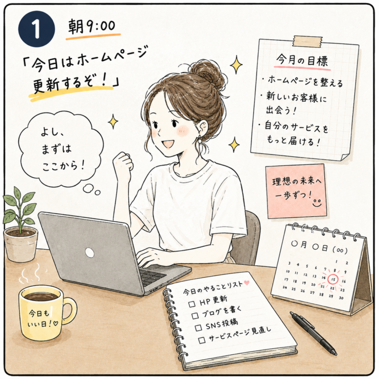ホームページ更新に意気込む個人事業主の女性。仕事を始める朝の様子を描いた4コマ漫画1コマ目。
