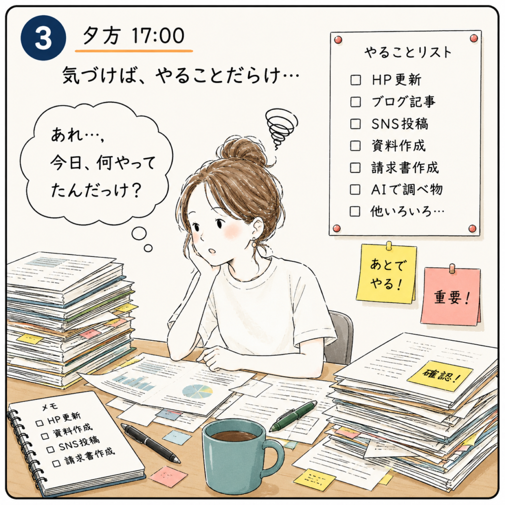 大量の書類ややることリストを前に悩む個人事業主の女性を描いた4コマ漫画3コマ目。