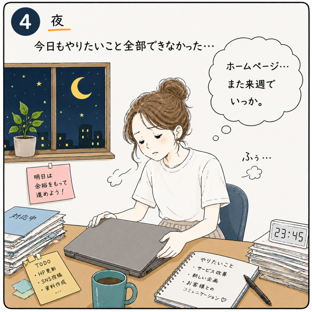 今日もやりたいことが終わらず落ち込む個人事業主の女性を描いた4コマ漫画4コマ目。