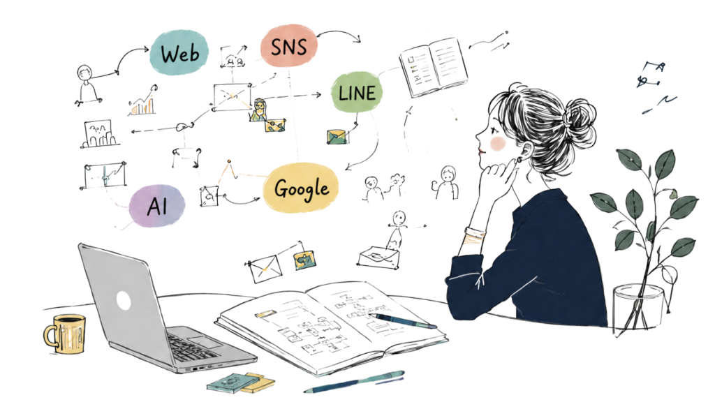 ホームページ・SNS・LINE・AI・Googleを連携し、小規模事業者の業務を支えるSHINECONのイメージイラスト