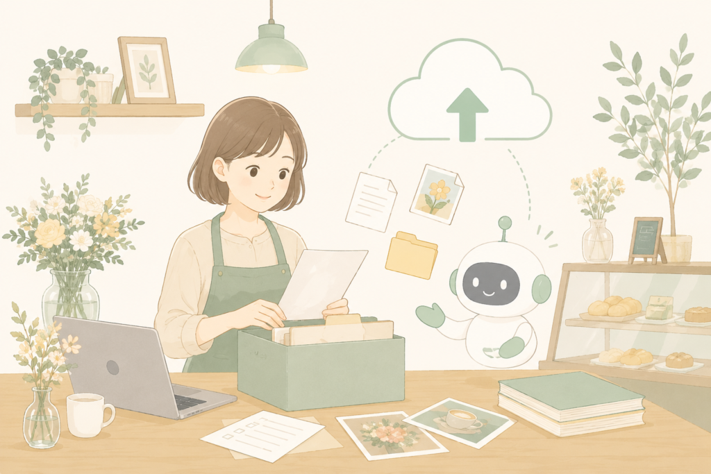 小規模事業者がAIアシスタントと一緒に書類や写真をクラウドへ整理・保存している様子を描いた水彩風イラスト。