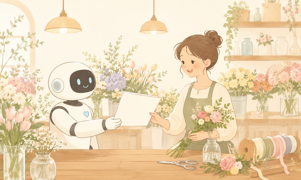 花屋の女性オーナーへAIロボットが完成した提案書を手渡し、業務をサポートしているイラスト
