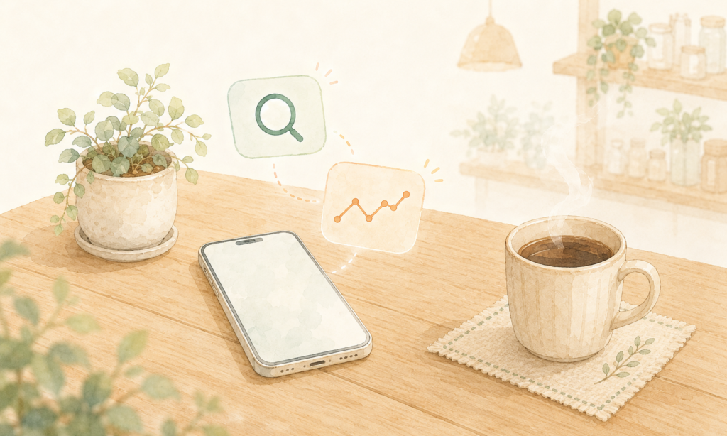 木製テーブルに置かれたスマートフォンとコーヒー、Google検索とアクセス解析を表すアイコンのイラスト
