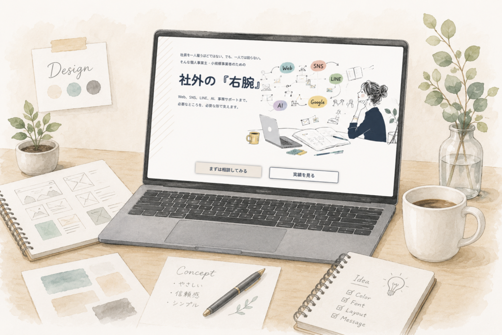 ホームページ制作やデザイン業務をイメージした、水彩タッチのワークスペースイラスト