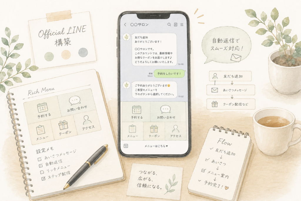LINE公式アカウントの構築や運用サポートをイメージした、水彩タッチのワークスペースイラスト
