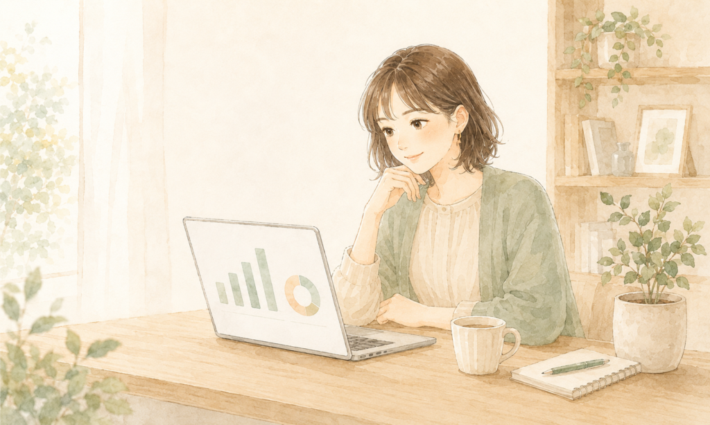 パソコン画面に表示された棒グラフと円グラフを見ながら、自分のAIの使い方を振り返る女性のイラスト