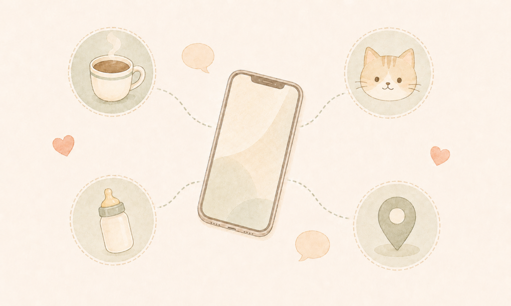 スマートフォンとコーヒー、猫、哺乳瓶、位置情報のアイコンが点線でつながるコミュニティのイラスト