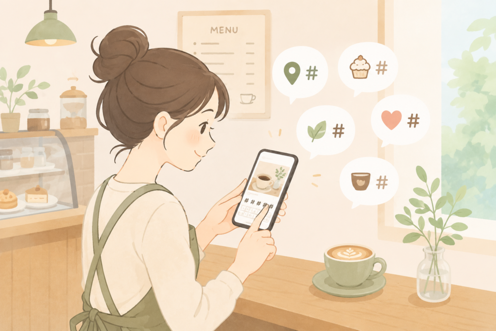 カフェ店主がInstagram投稿を編集し、5つのハッシュタグを選んでいる様子のイラスト