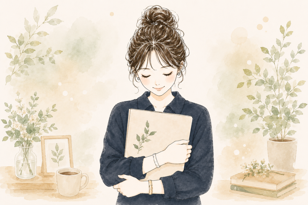 SHINECON LABの主任研究員をイメージした、ノートを抱えてやさしくお辞儀をする女性のイラスト