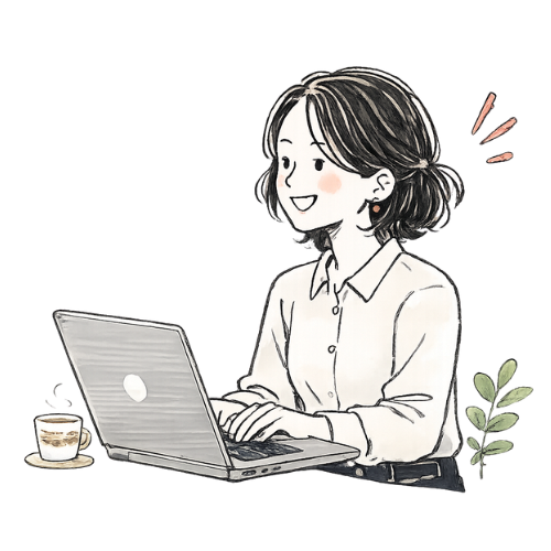 パソコンで作業しながら小規模事業者をサポートする「社外の右腕」をイメージした女性のイラスト