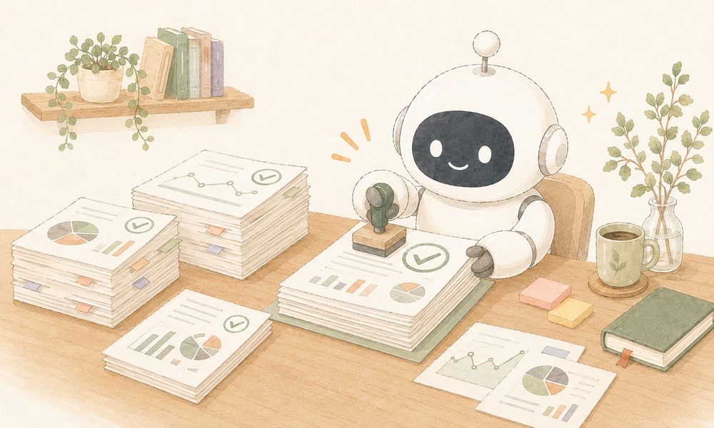 ロボット型AIが完成した書類にチェックマークのスタンプを押し、レポートを整理しているイラスト
