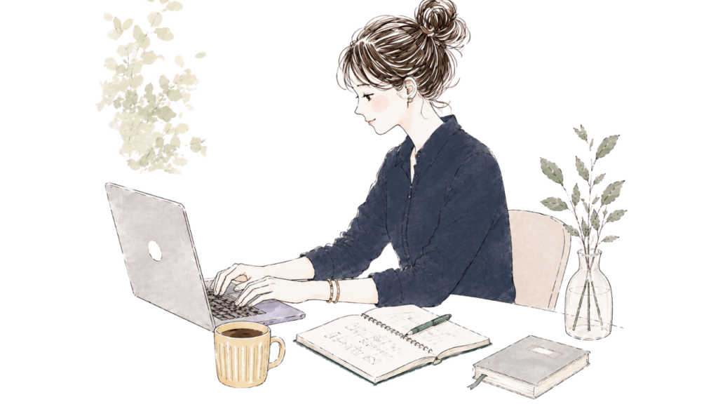 パソコンで作業をする女性のイラスト。ノートを見ながらタイピングをしており、デスクにはコーヒーカップや観葉植物が置かれた、やさしく落ち着いたワークスペース。