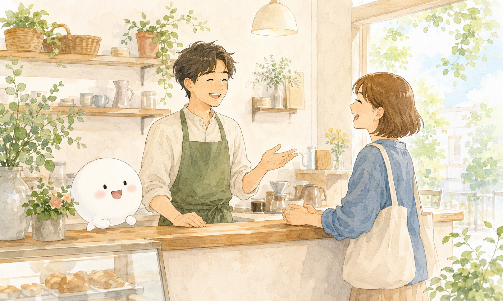明るいカフェのカウンターで常連客と談笑する店主と、そばに寄り添う丸いチャットキャラクター