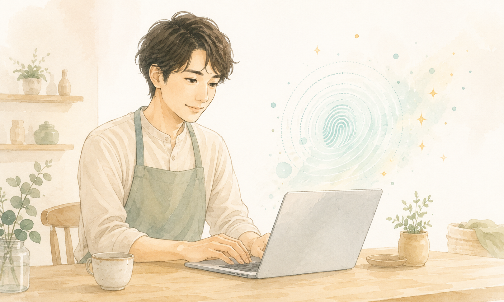 ノートパソコンで作業する男性と、画面から浮かび上がる見えない透かしの模様