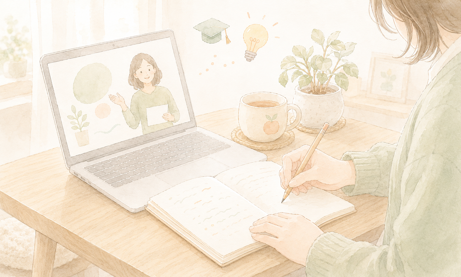 ノートパソコンでオンライン講座を視聴しながらノートに書き留める女性の手元