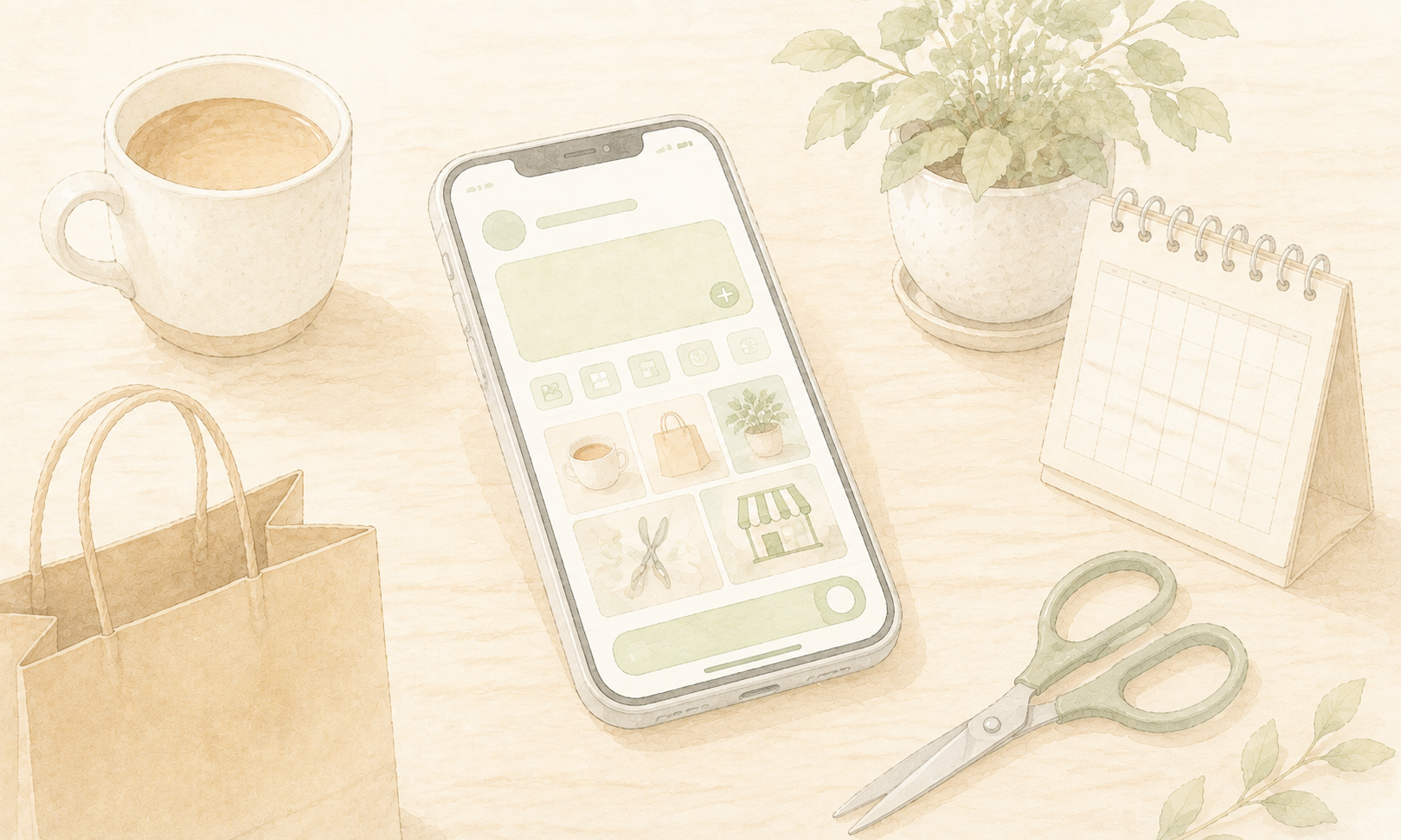 木目調のカウンターに、投稿作成画面を表示したスマートフォンとコーヒーカップ、買い物袋、鉢植え、ハサミ、カレンダーを配置した手描き風イラスト
