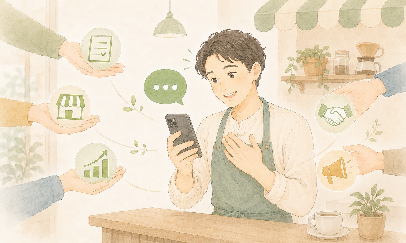 カフェの男性店主がスマートフォンでLINEのやりとりを確認し、複数の支援の手に囲まれて安心している様子のイラスト