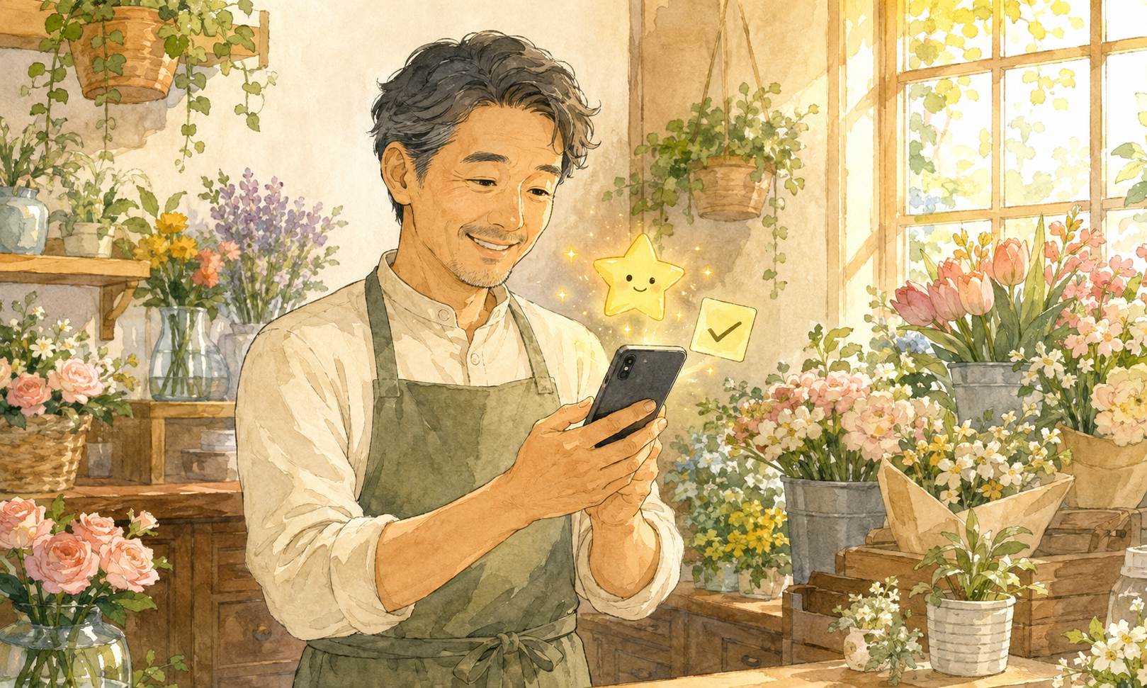 朝のお花屋さんで、エプロン姿の男性店主が、星型のAIアシスタントとチェックマークが浮かぶスマートフォンを笑顔で確認しているイラスト