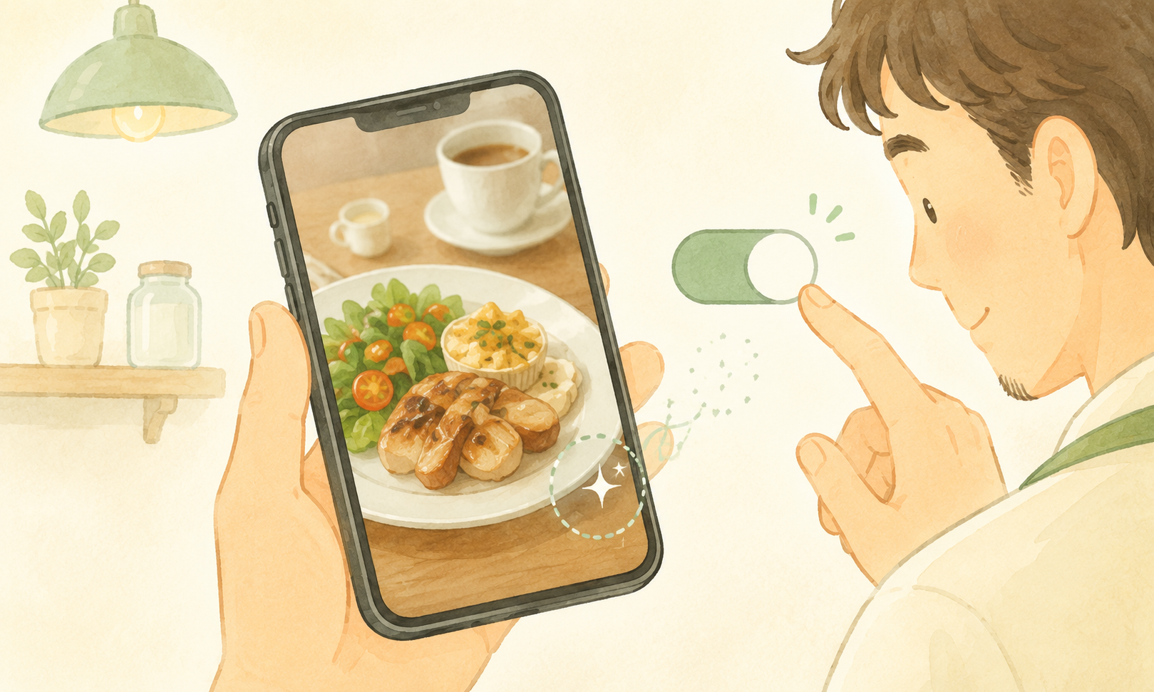 スマートフォンの料理写真からキラキラした透かしマークが消え、トグルスイッチで設定を切り替える様子を描いたイラスト