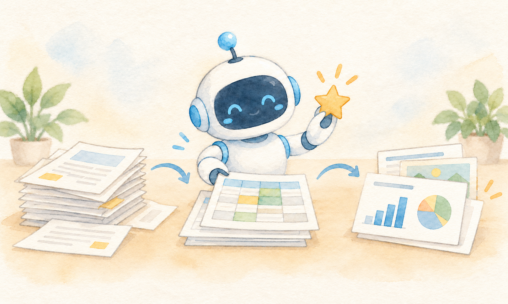 AIロボットが書類、表計算シート、プレゼン資料を整理しているイラスト