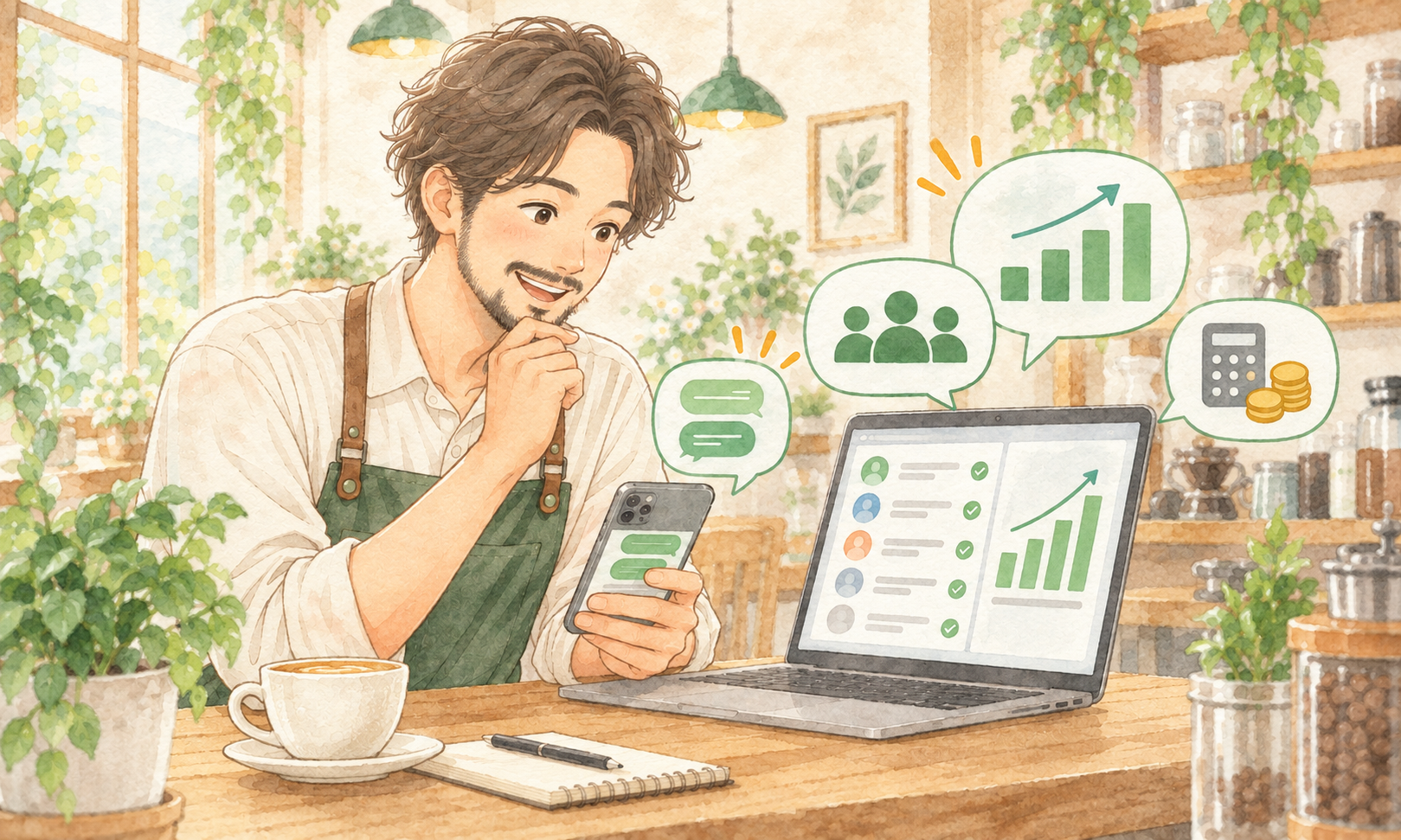 カフェのカウンターでノートパソコンとスマートフォンを見比べ、配信リストやメッセージ通数のグラフを確認する男性オーナー