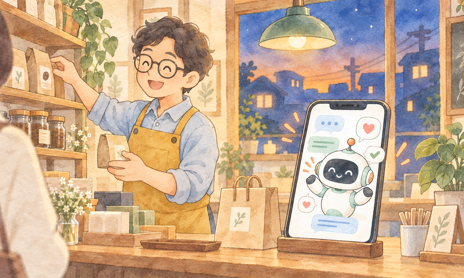 夕方の小さなお店で店主が商品を整理する横で、カウンター上のスマートフォン内のAIロボットがメッセージ対応をしているイラスト