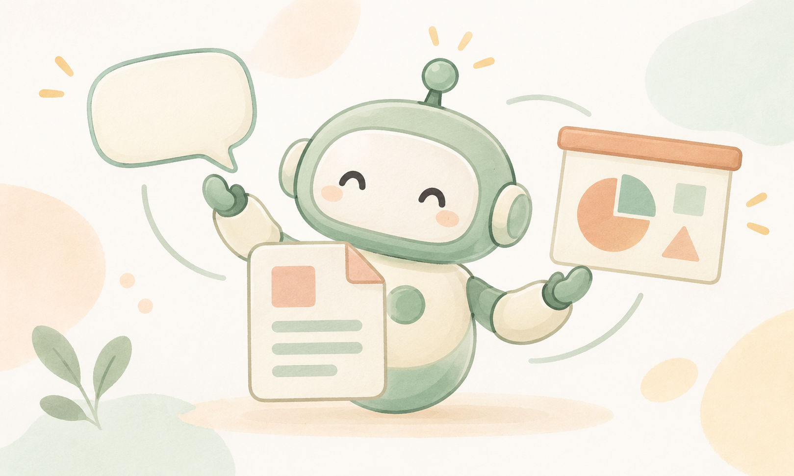 AIアシスタントをイメージしたロボットが吹き出し、文書、プレゼン資料を整理しているイラスト