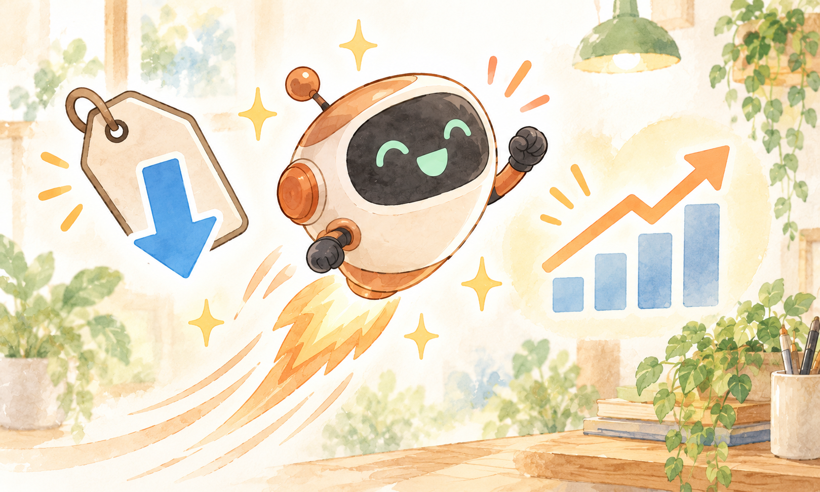 上昇するAIロボットと、コスト低下を示す値札の下向き矢印、性能向上を示すグラフのイラスト。