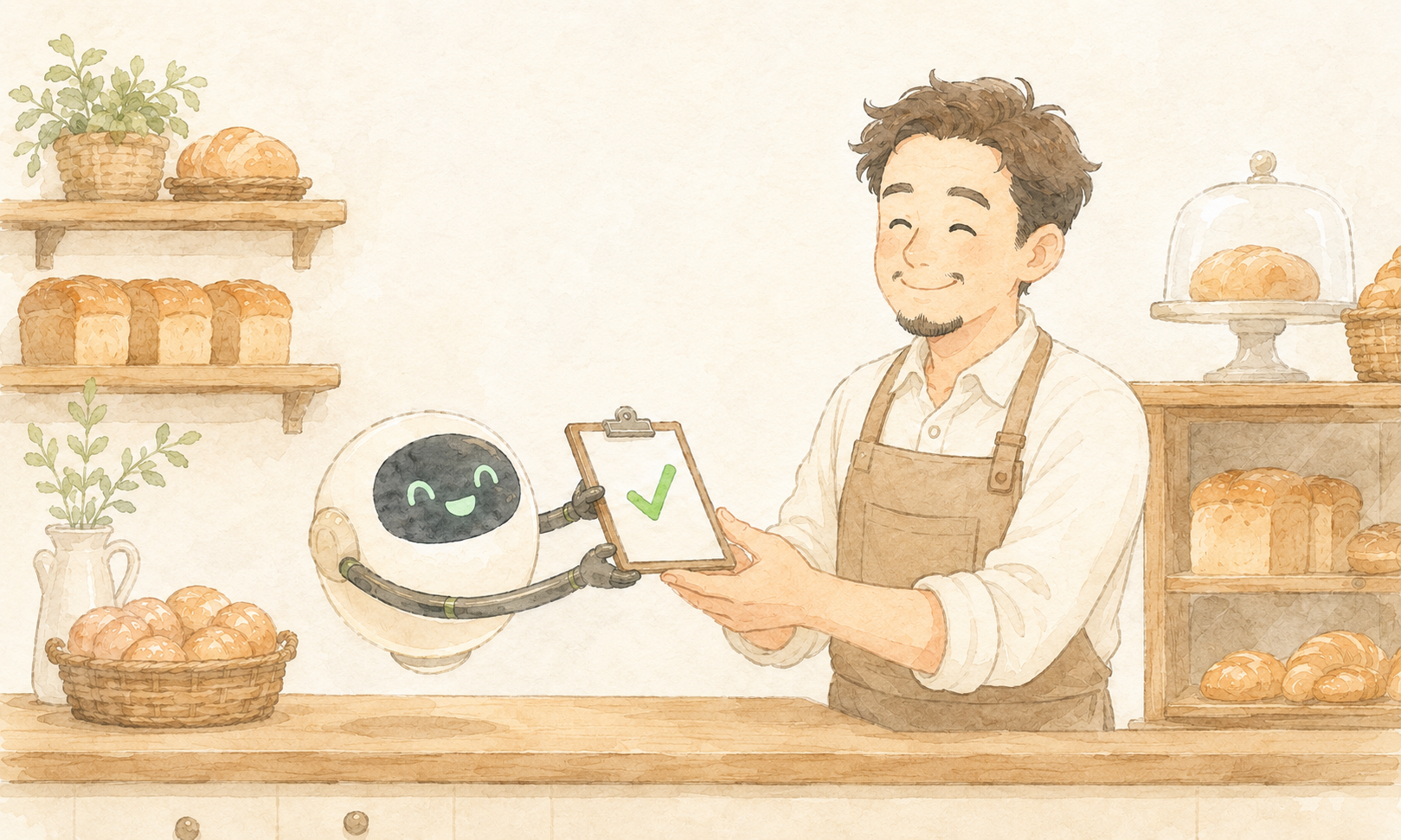 パン屋の店主が、丸いAIロボットから緑のチェックマークが付いた確認用ボードを受け取るイラスト