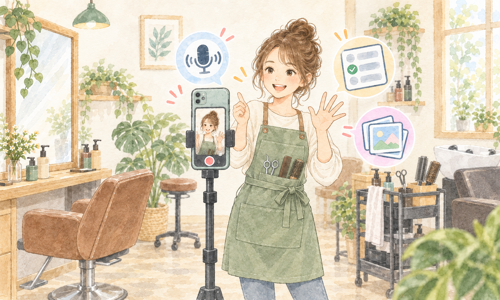 美容室のオーナーが動画を撮影し、音声コメント・投票・写真のアイコンが表示されているイラスト