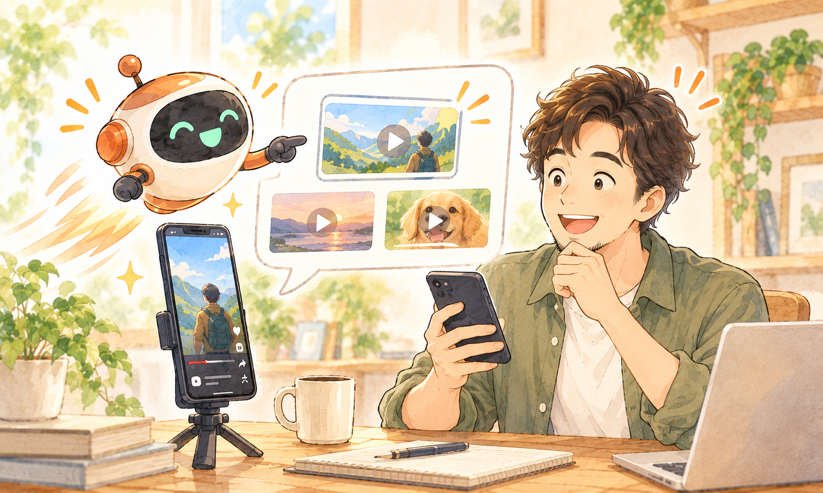 スマートフォンで動画を確認しながらAIが提案した複数のサムネイル候補を選ぶ男性クリエイターのイラスト
