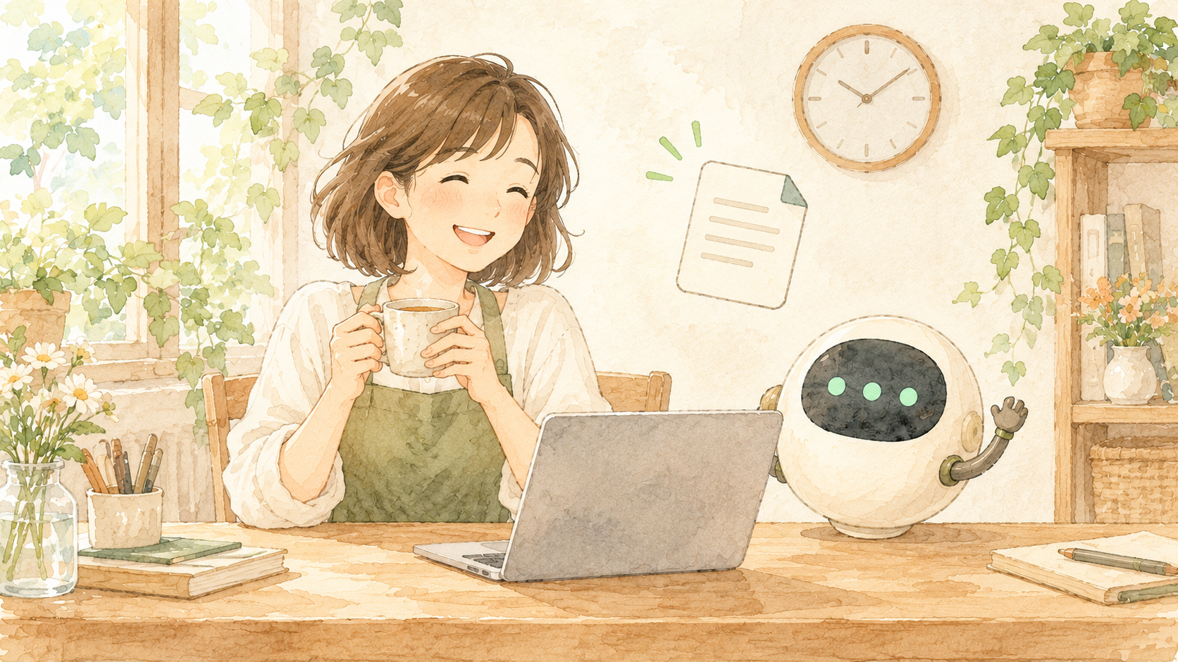 ノートパソコンの前で笑顔でお茶を飲む女性と、横で手を振る小さな丸いAIキャラクターの水彩イラスト